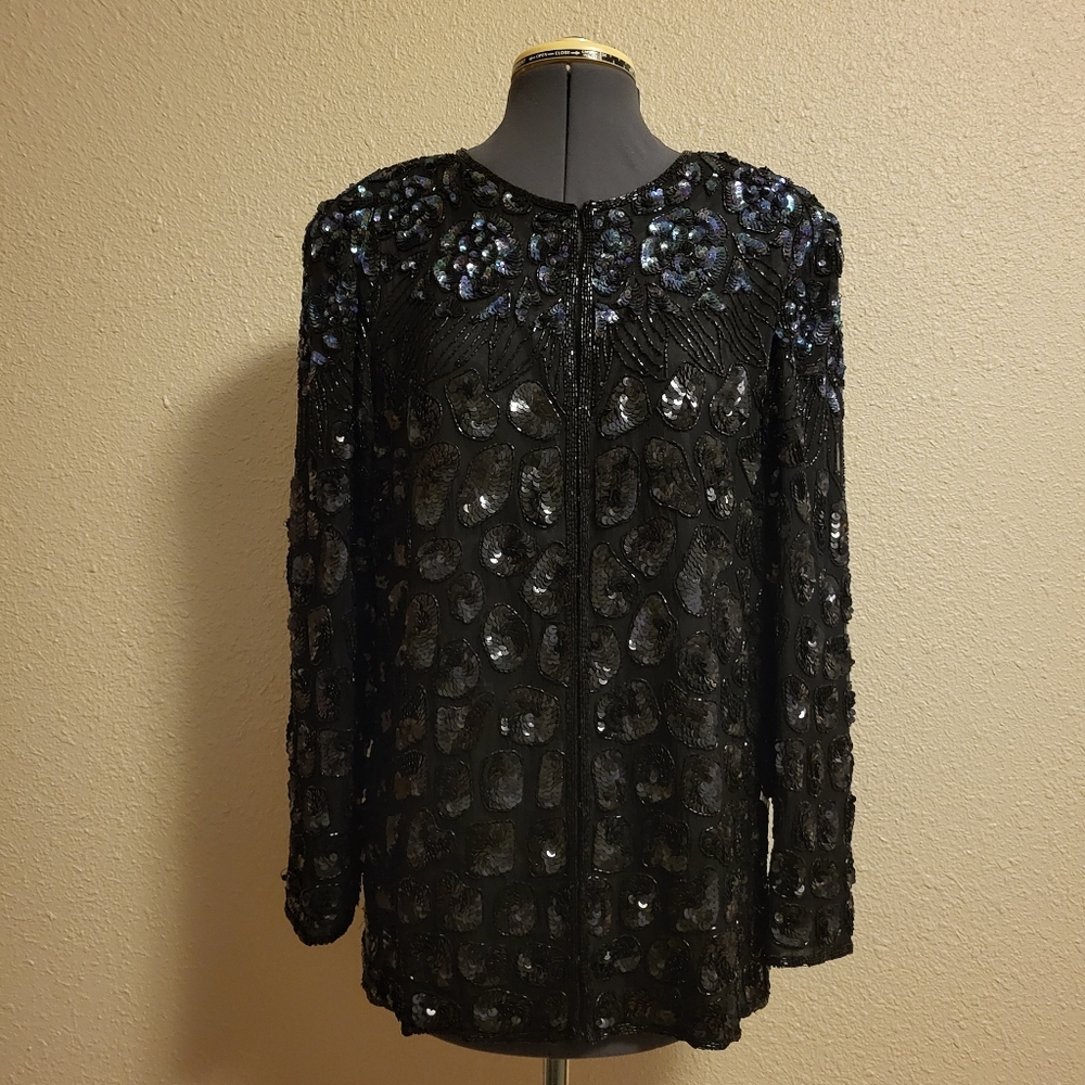 Mark & John by Gopal Black Sequined & Beaded Silk Jacket Size Large